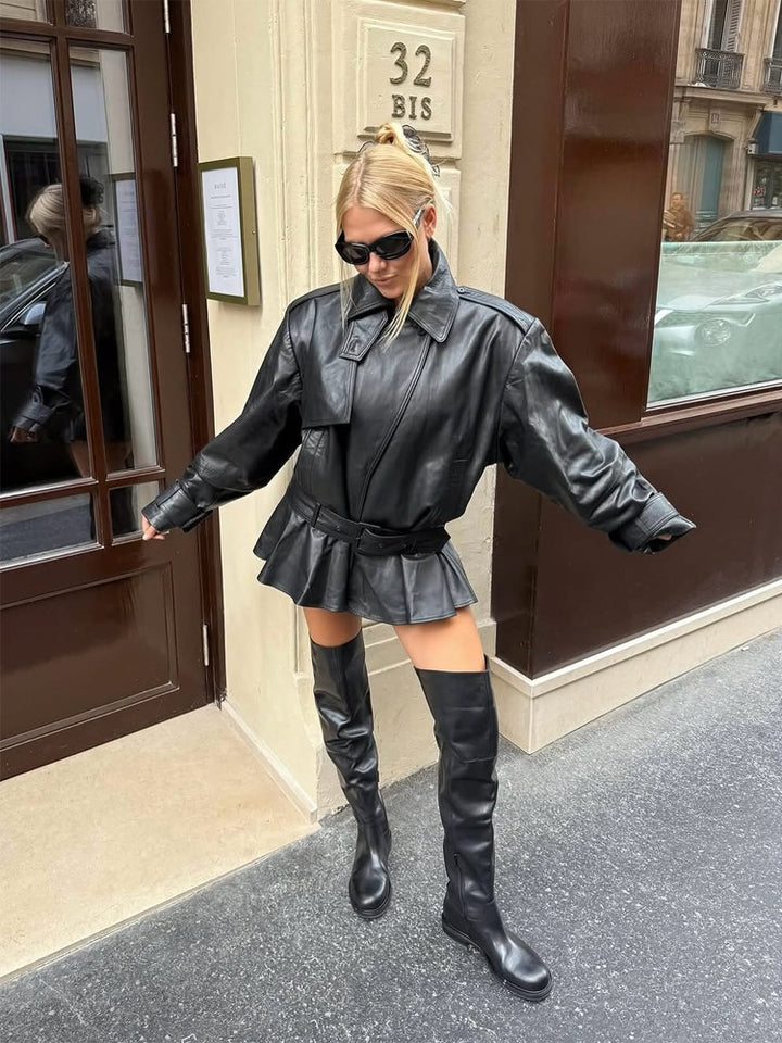 Ladies Oversize Leather Jacket with Tailoring Tie Belt and Ruffle Hem Mune Fashion