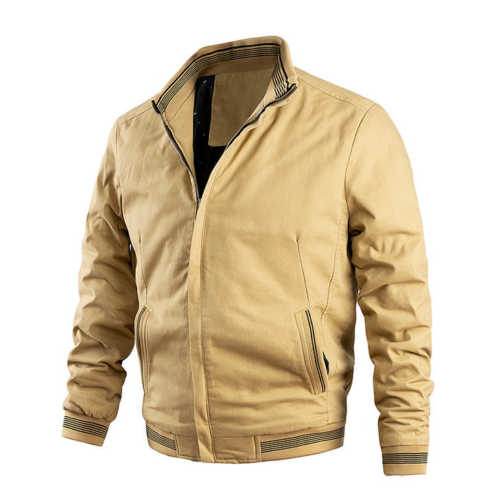 Men's Lightweight Cotton Bomber Jacket with Striped Ribbed Cuffs and Hidden Zip Front Mune Fashion