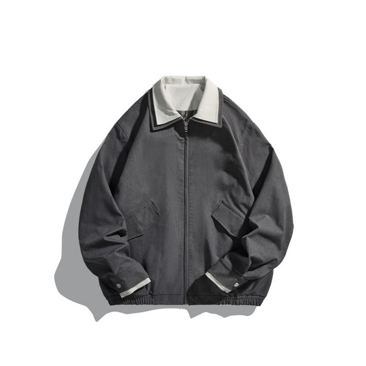 Men's Short-Cut Canvas Blouson Jacket in Workwear Look with Contrasting Shirt Collar Mune Fashion