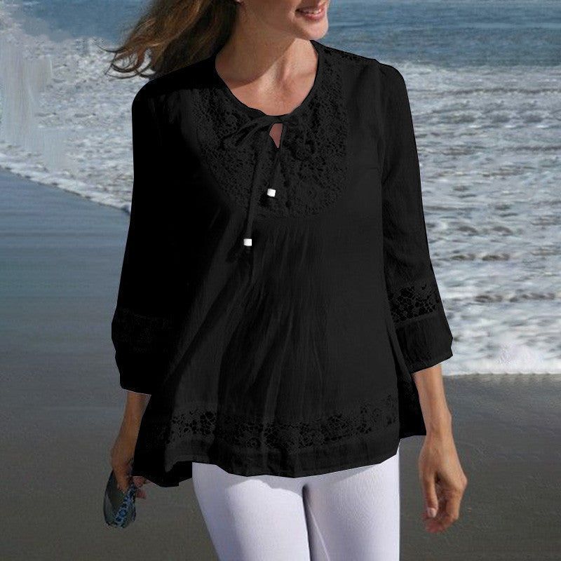 Women's Casual Tunic Blouse with Crochet Lace, Tie Collar and Three-Quarter Sleeves Mune Fashion