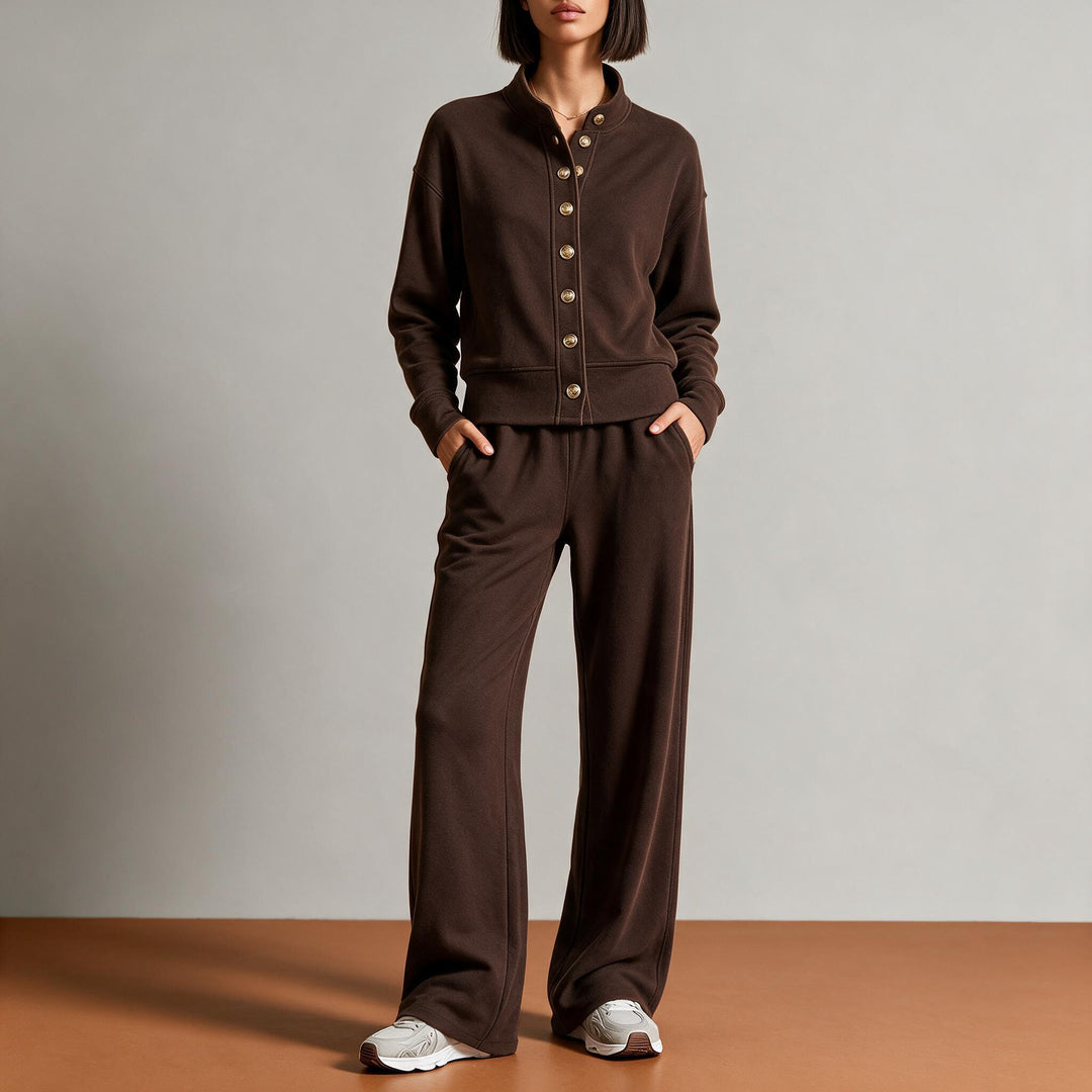 Women's sweat jacket with snap button placket, standing collar, and soft lounge cut Mune Fashion