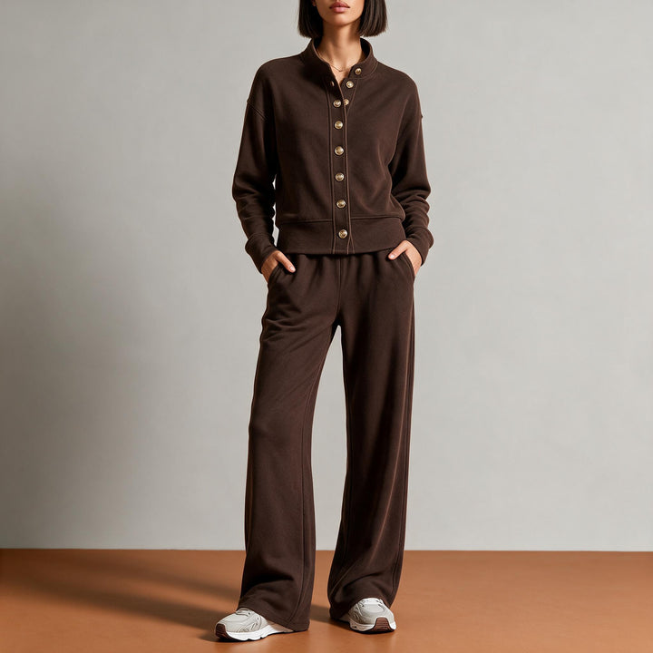 Women's sweat jacket with snap button placket, standing collar, and soft lounge cut Mune Fashion