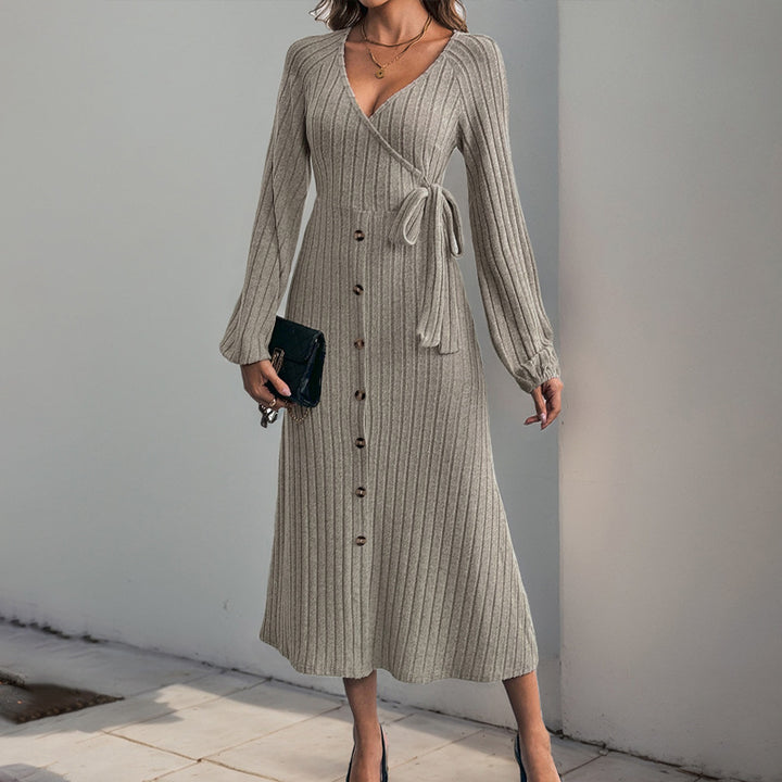 Women's Ribbed Wrap Midi Dress with V-Neck, Balloon Sleeves & Button Placket Mune Fashion