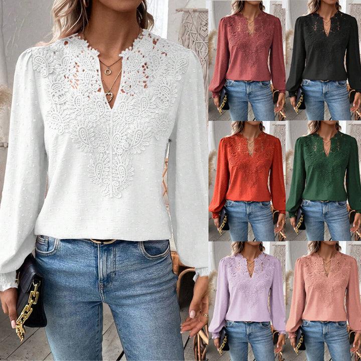Women’s blouse with lace plastron, V-neck and balloon sleeves Mune Fashion