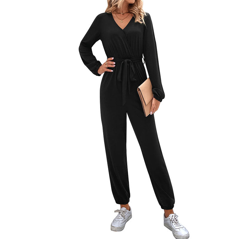 Women One-Piece Jumpsuit with V-Neck, Drawstring Waist Belt & Jogger Cuffs Mune Fashion