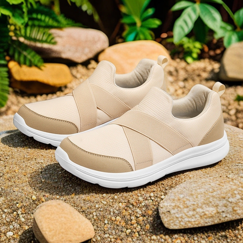 Women nan elastic Slip-On comfort sneaker with breathable knit upper, crossed stretch straps and cushioning EVA sole Mune Fashion