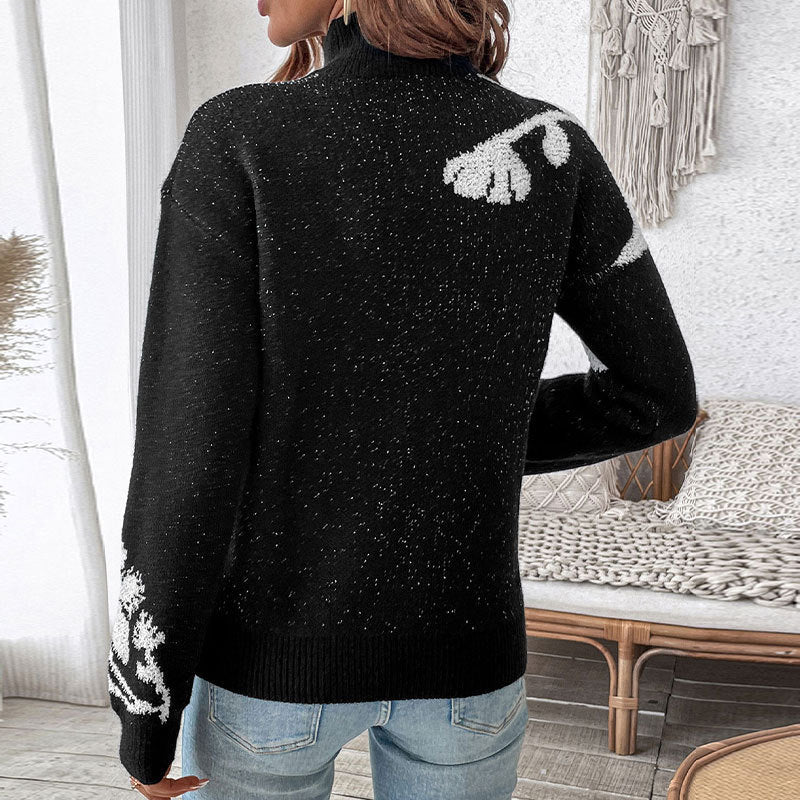 Women’s Floral Intarsia Knit Sweater with Stand-Up Collar and Loose Silhouette Mune Fashion