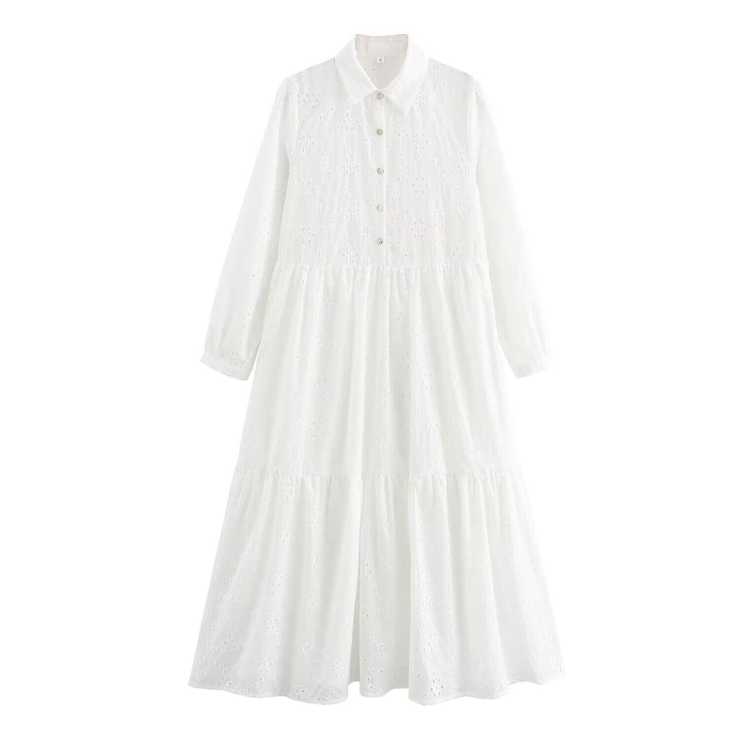 Women Broderie-Anglaise Shirt Dress with Tiered Skirt Mune Fashion