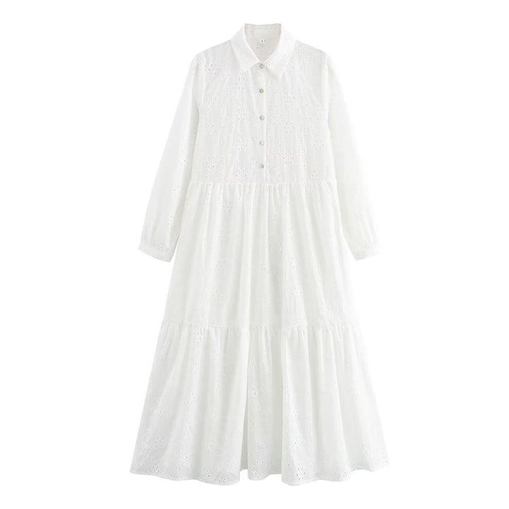 Women Broderie-Anglaise Shirt Dress with Tiered Skirt Mune Fashion