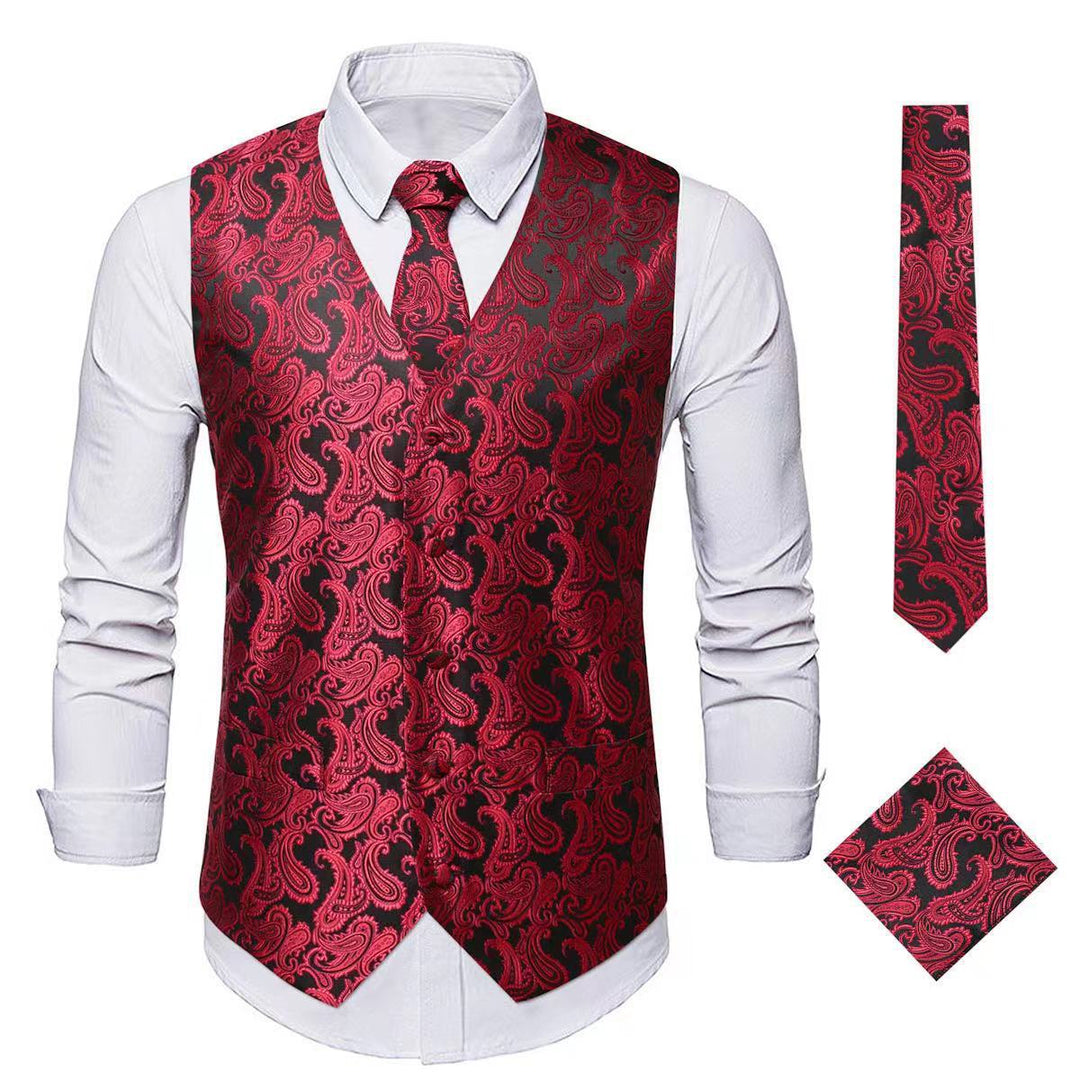 Men's Nan Paisley Satin Suit Vest Set with Tie and Pocket Square Mune Fashion