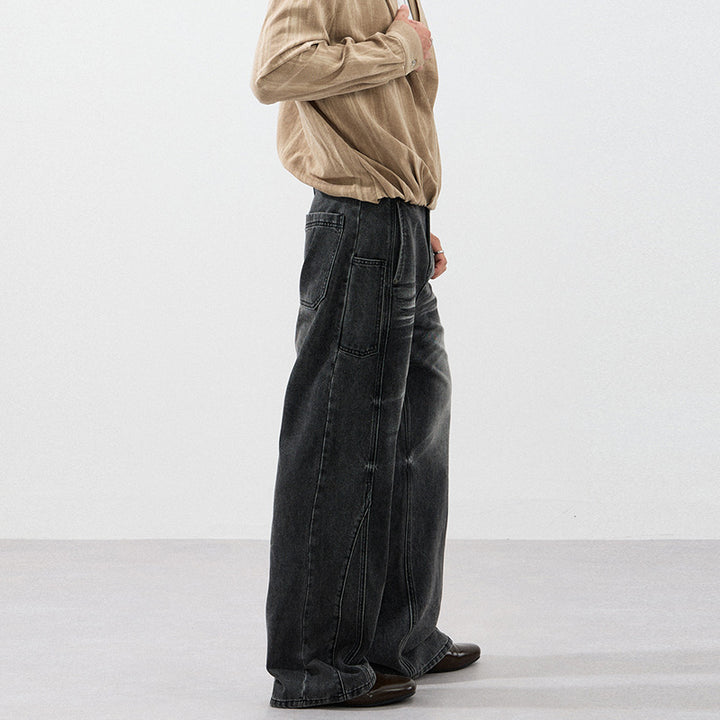 Men's Extra Wide Sculptural Denim Palazzo Pants with Knee Pleats and Seams Mune Fashion