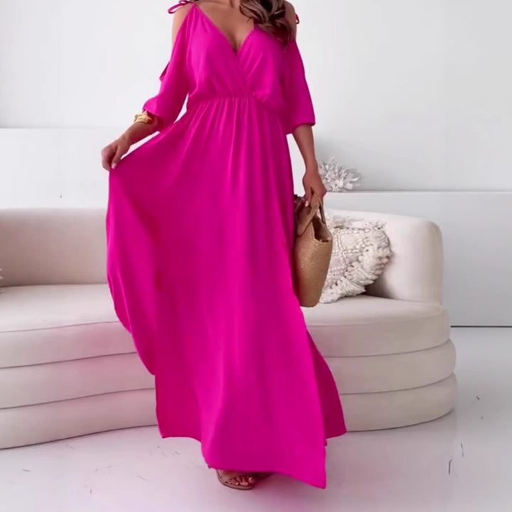 Women nan flowing maxi dress with V drape, off-shoulder strap band, elastic waist yoke and high skirt slit Mune Fashion