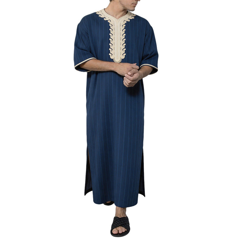 Men's striped Djellaba with decorative chest embroidery and side slit Mune Fashion