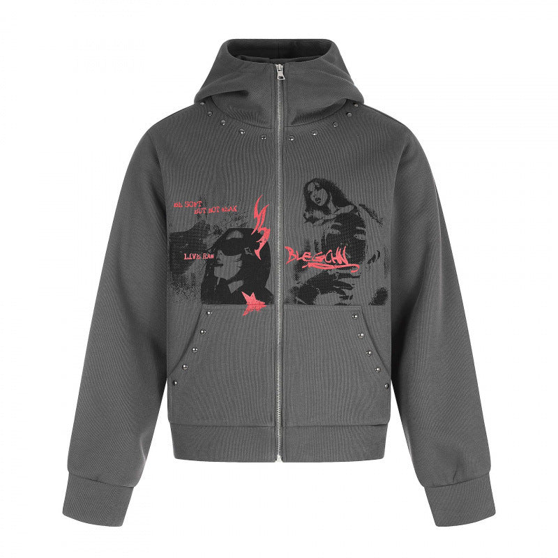 Unisex Oversize Hoodie Sweat Jacket with full zip, studded trim, and graphic front print Mune Fashion