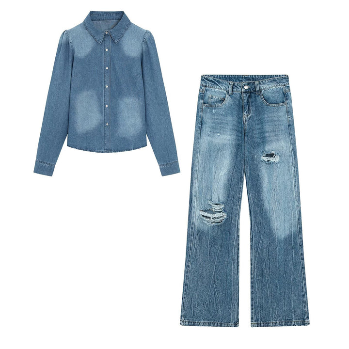 Women’s denim blouse with slightly puffed sleeves and classic shirt collar Mune Fashion