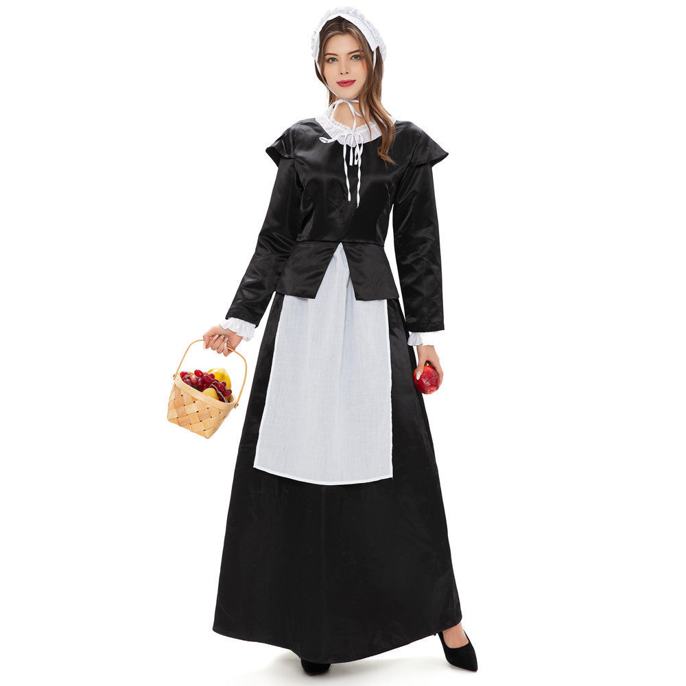 Women's historical pilgrim costume with long skirt, gathered blouse, removable apron, and hood Mune Fashion