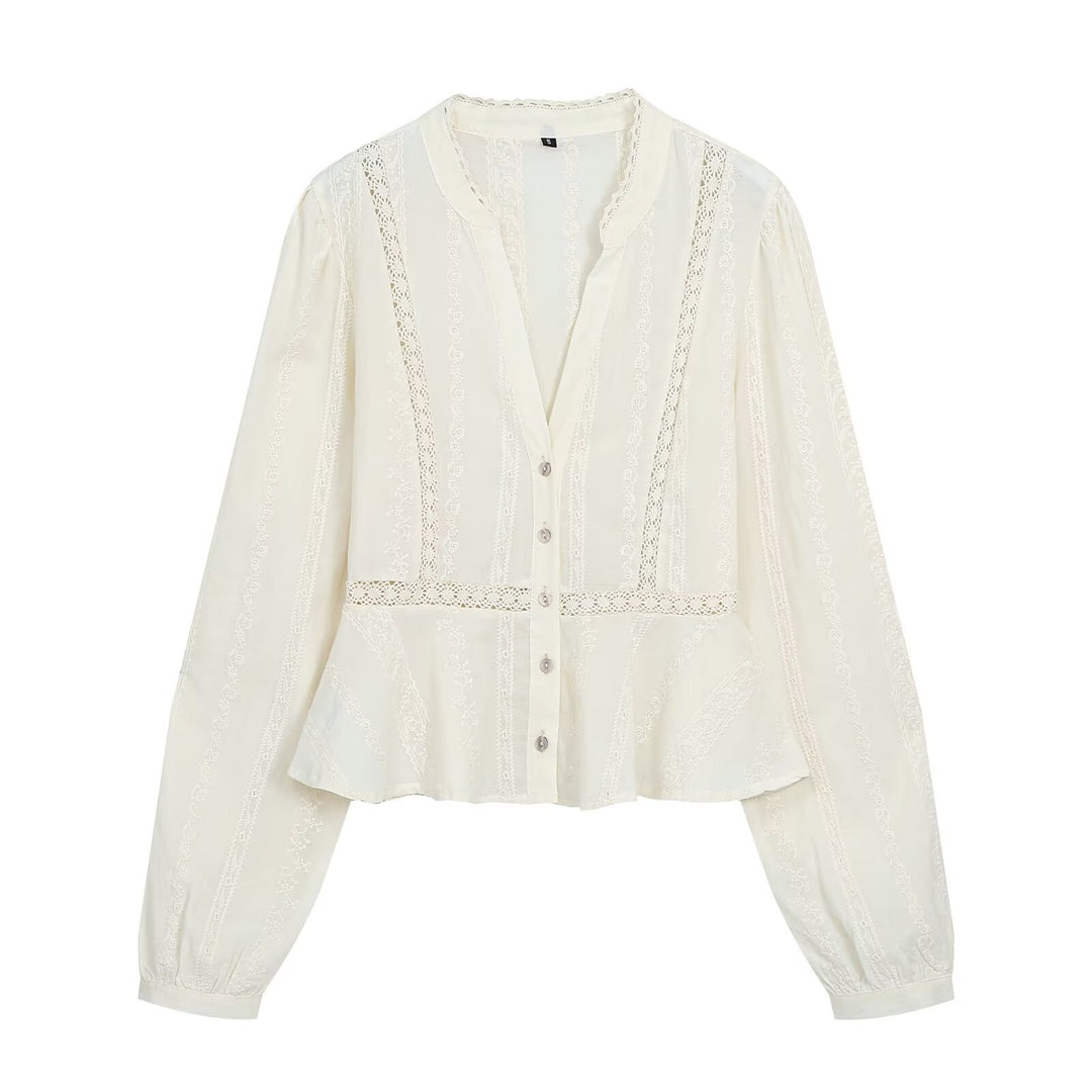 Women's Romantic Lace Blouse with Crochet Borders and Figure-Hugging Waist Seam Mune Fashion