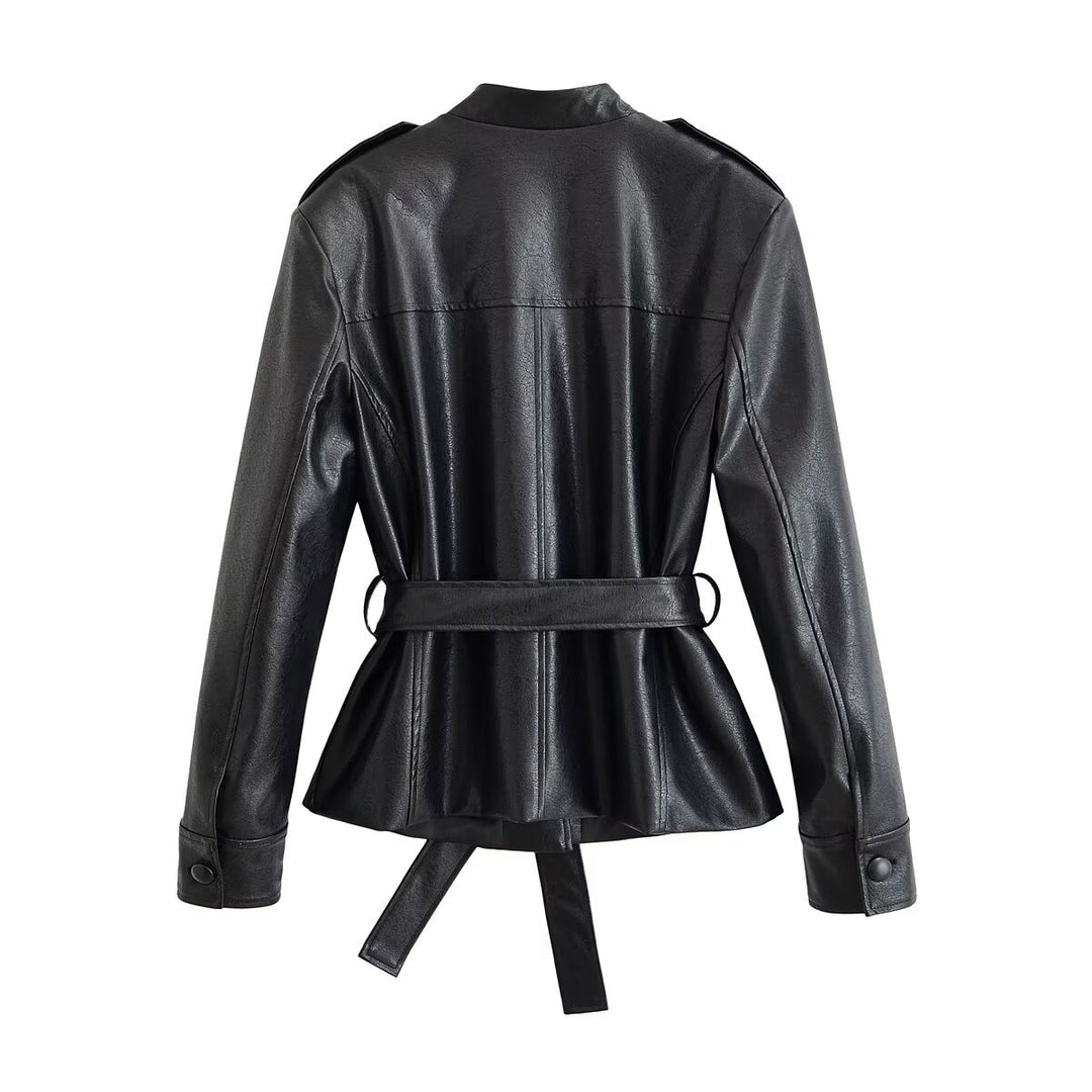 Women's Tailored Faux Leather Jacket with Tie Belt, Stand-Up Collar and Flap Pockets Drune
