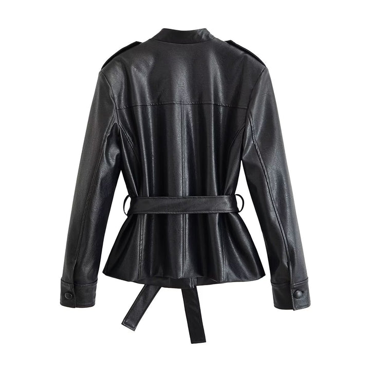 Women's Tailored Faux Leather Jacket with Tie Belt, Stand-Up Collar and Flap Pockets Drune