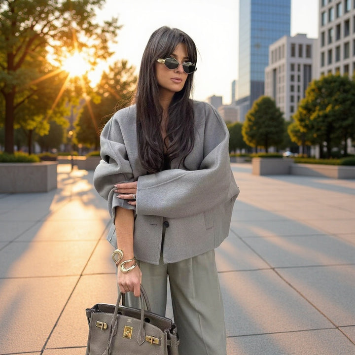 Women's Oversized Short Jacket made of Wool Blend with Boxy Silhouette and Balloon Sleeves Mune Fashion