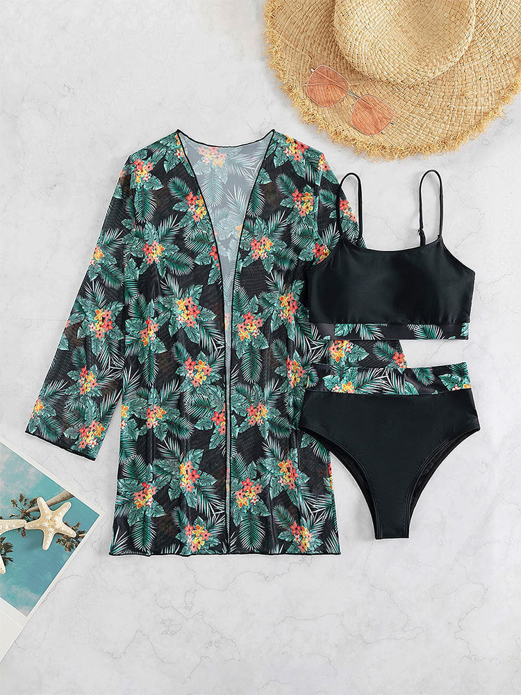 Women's bikini set with floral high-waisted bottom and matching kimono Mune Fashion