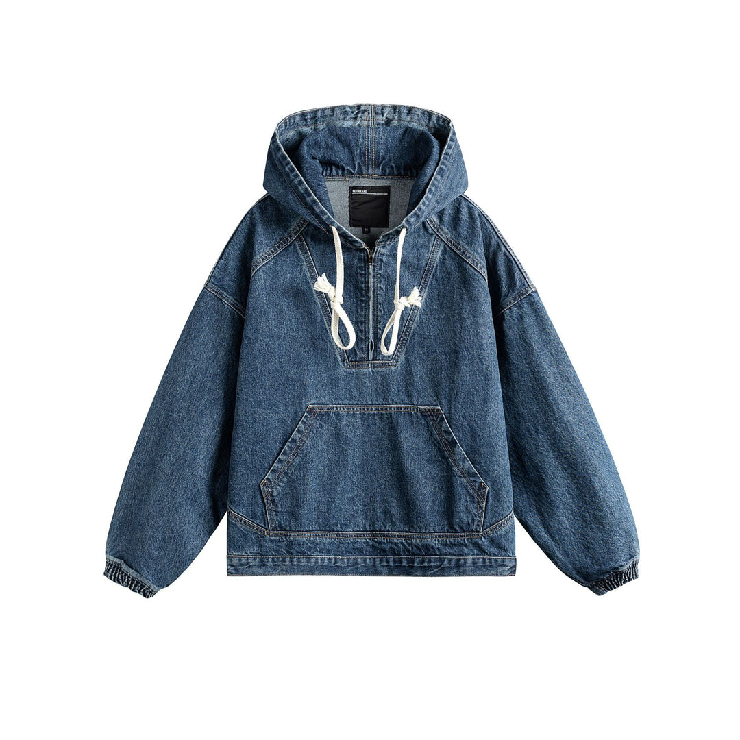 Unisex Oversize Denim Hoodie with Half Zip, Kangaroo Pocket and Drawstring Mune Fashion