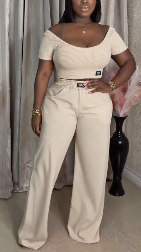 Women's off-the-shoulder ribbed crop top with wide-cut, high-waisted palazzo pants Mune Fashion