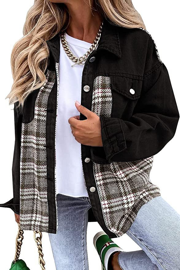 Women's casual shacket made of corduroy fabric with checked panel inserts and snap button closure Mune Fashion