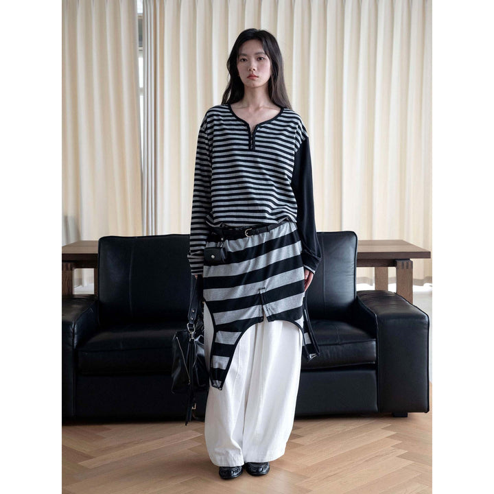 Women Oversized Stripe Henley Shirt with Button Placket and Drop Shoulder Mune Fashion
