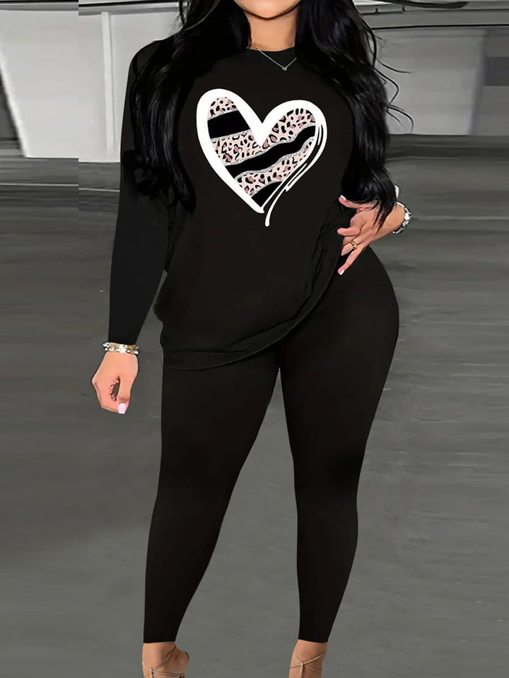 Women's Two-Piece Lounge Set with Heart Print Sweatshirt and High-Waist Leggings Mune Fashion