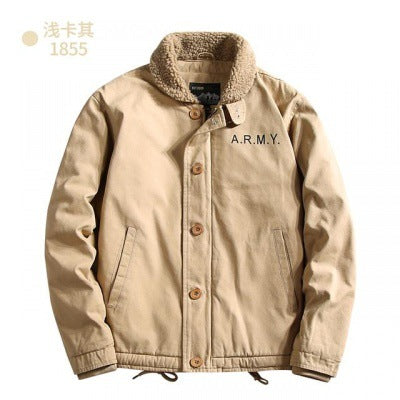 Men's padded field jacket with teddy lining, concealed two-way zipper and drawstring hem.