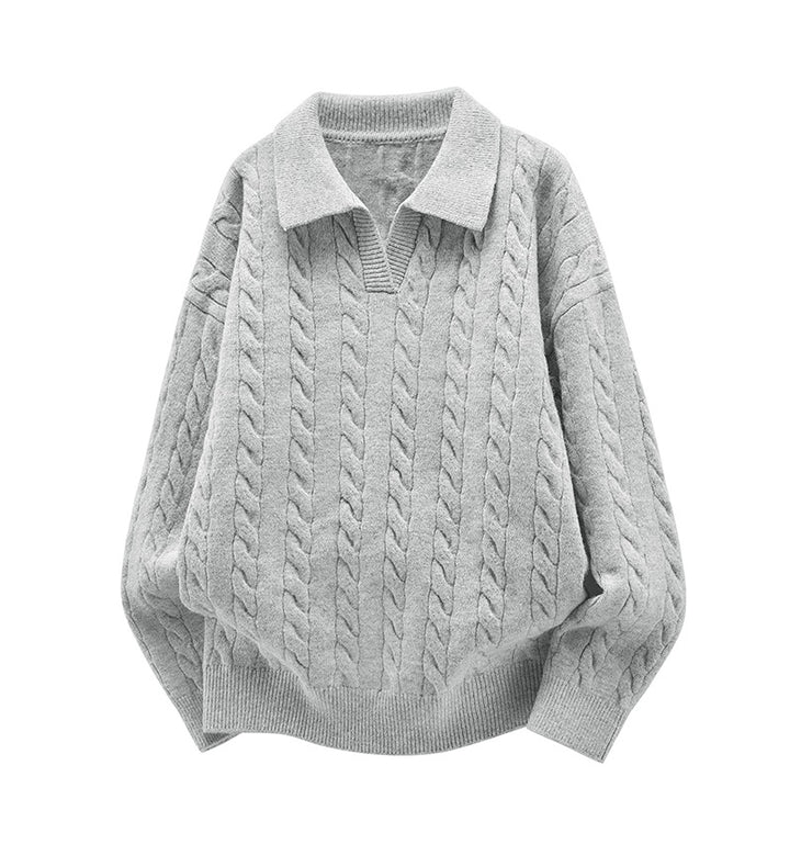 Women's Oversized Cable Knit Polo Sweater with V-Neck and Ribbed Hem Mune Fashion