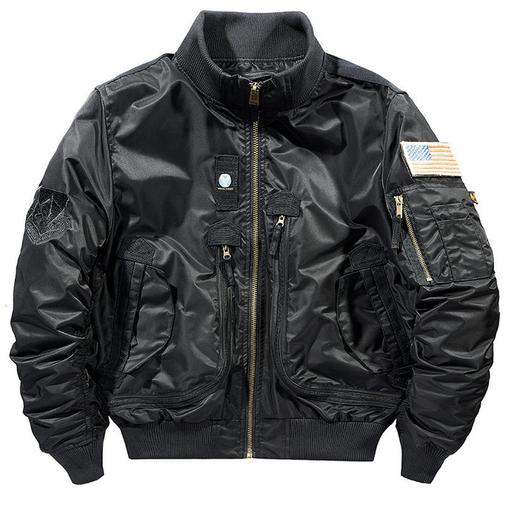 Men's wind-resistant pilot flight jacket with modular front pockets, sleeve organizer and elastic waistband.