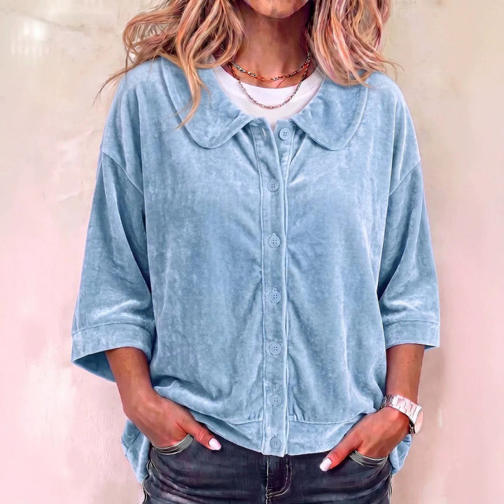 Women's Velvet Button-Down Blouse with Rounded Collar Mune Fashion