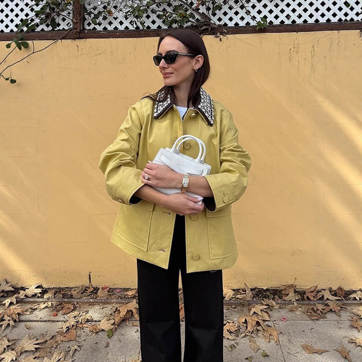 Women's Boxy Transitional Jacket with Embellished Decorative Collar and Patch Pockets Mune Fashion