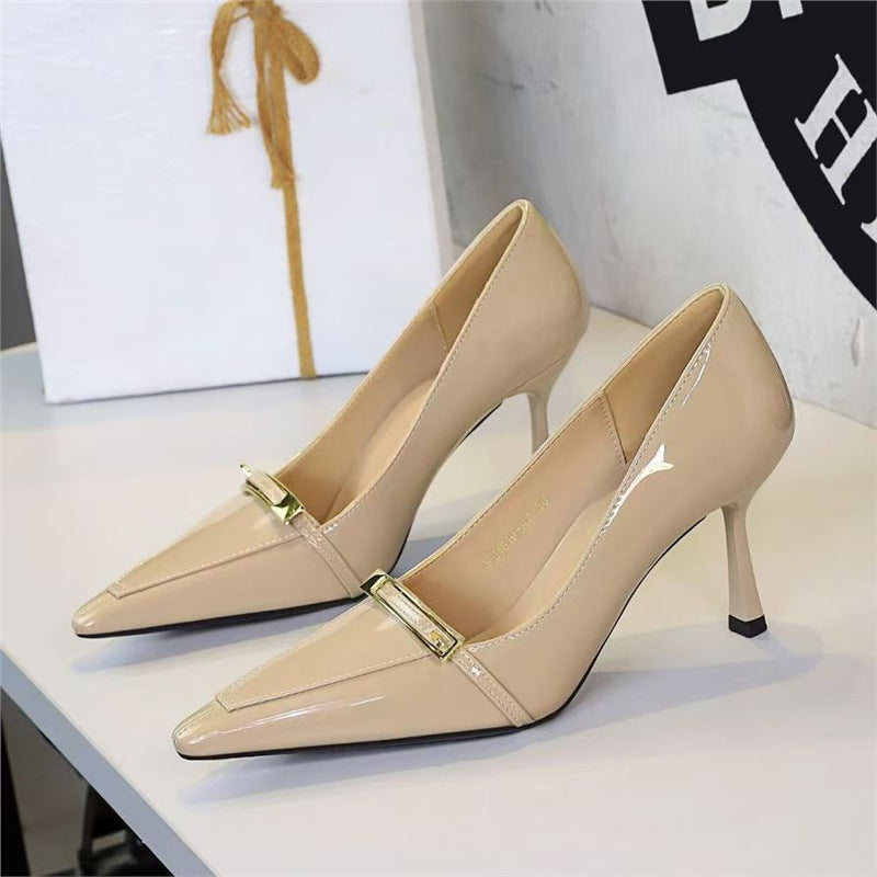 Women's pointed toe patent pumps with delicate metal strap and slim stiletto heel Mune Fashion