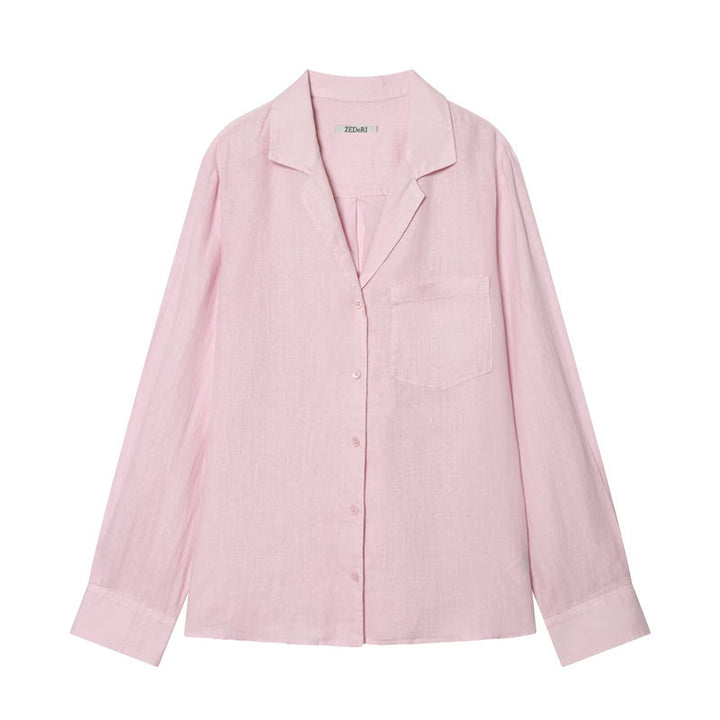 Women Loose Linen Look Shirt with Notched Collar and Chest Pocket Mune Fashion