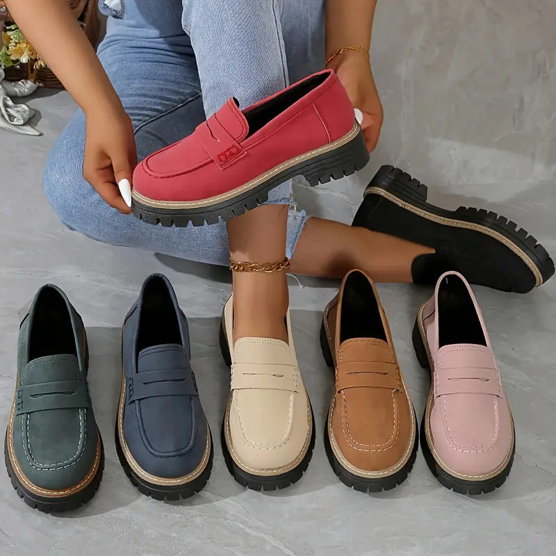 Women's Leather Look Penny Loafers with Distinctive Profile Platform Sole and Contrast Stitch Mune Fashion