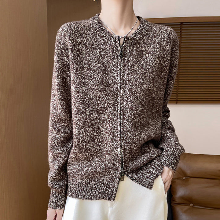 Women's Melange Zipper Cardigan with Two-Way Zipper and Ribbed Cuffs Mune Fashion