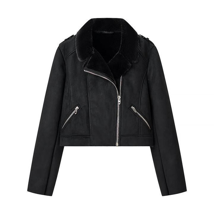 Women Short Biker Jacket with Faux Fur Collar and Suede Look Mune Fashion
