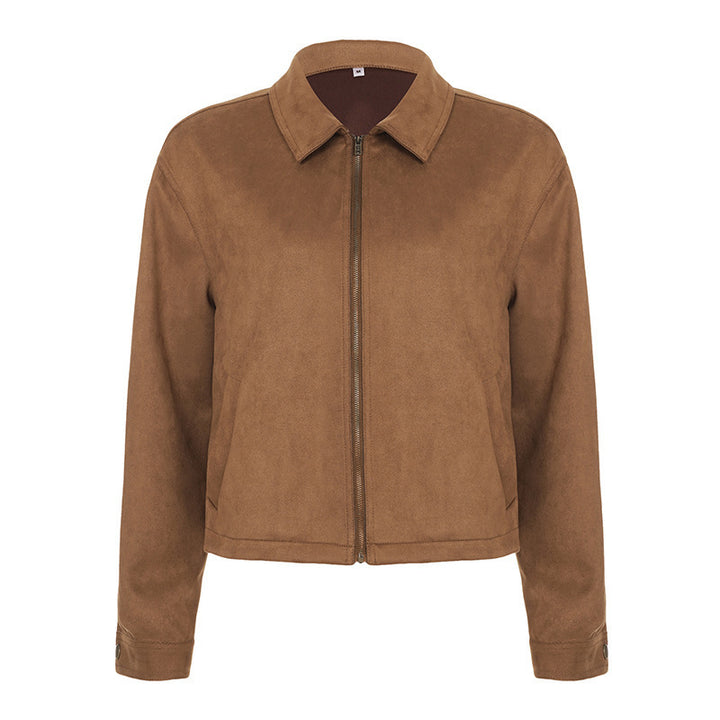 Women's Short-cut Suede Look Blouson Jacket with Shirt Collar and Zipper Mune Fashion