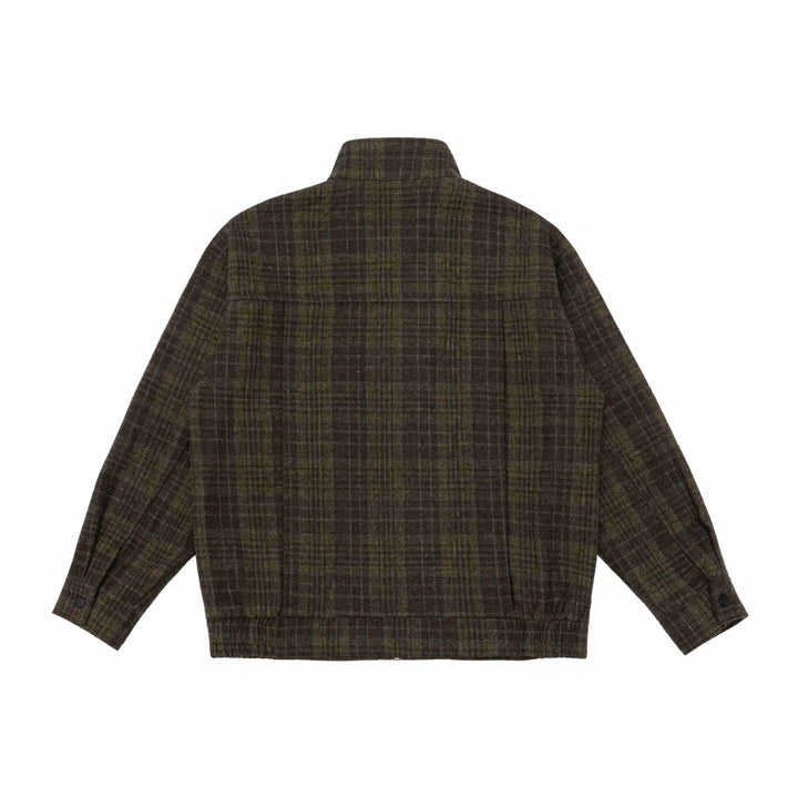 Men's Short Cut Wool Blend Puffer Jacket with Check Pattern and Stand Collar Mune Fashion
