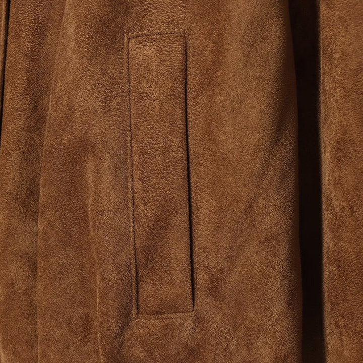 Women's Short Velour Suede Bomber Jacket with Stand-Up Collar and Concealed Button Placket Mune Fashion