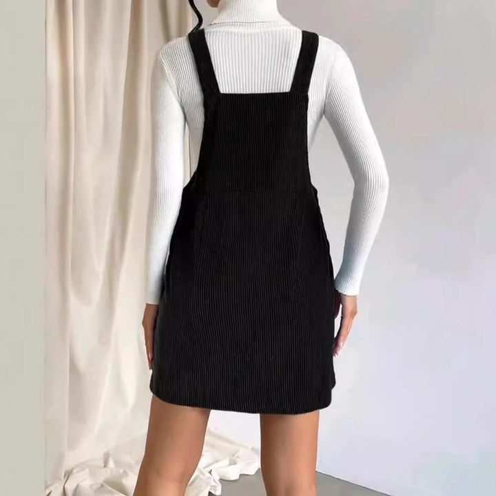 Women's Corduroy Pinafore Dress with Adjustable Straps, Side Snap Placket and Fine Rib Effect Mune Fashion