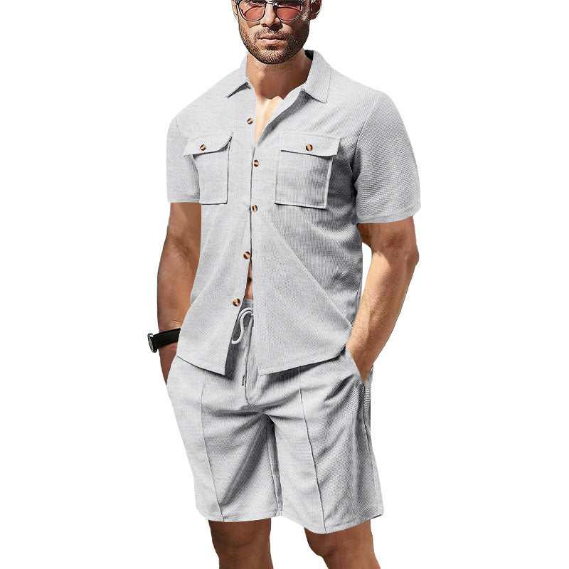 Men's structured short-sleeve shirt and bermuda set made of breathable cotton blend with chest pockets and drawstring Mune Fashion
