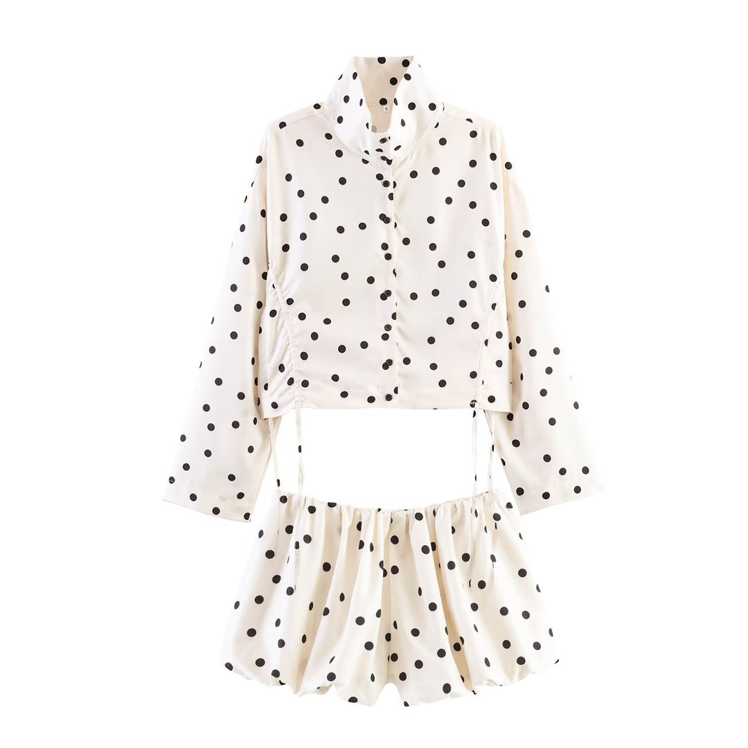 Women's Polka Dot Cropped Utility Jacket with Stand Collar and Drawstring Mune Fashion