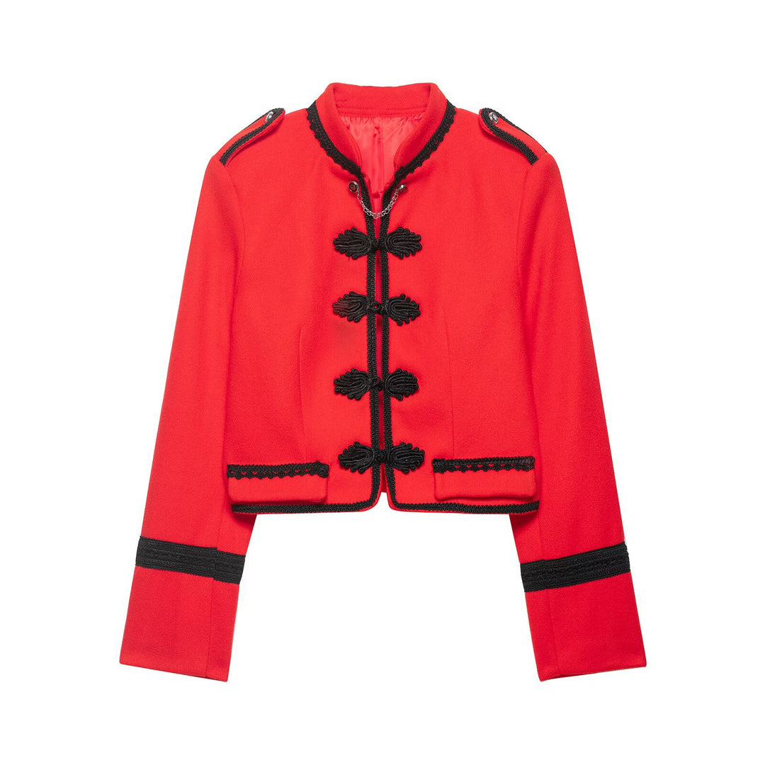 Ladies short jacket in military style with stand-up collar, decorative cords and decorative frog closures Mune Fashion