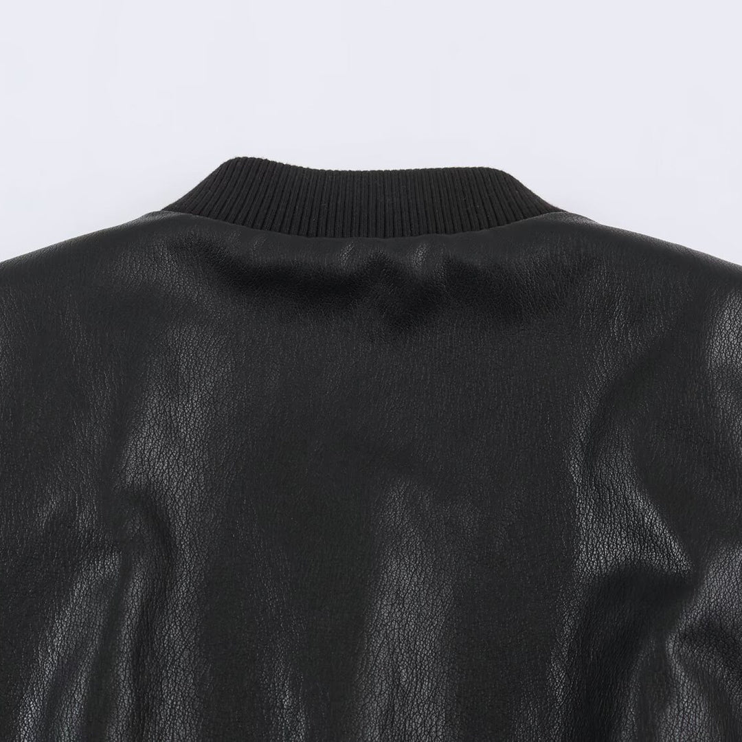 Women's bomber jacket in leather look with hidden flap, figure-hugging ribbed waistband and slanted flap pockets Mune Fashion