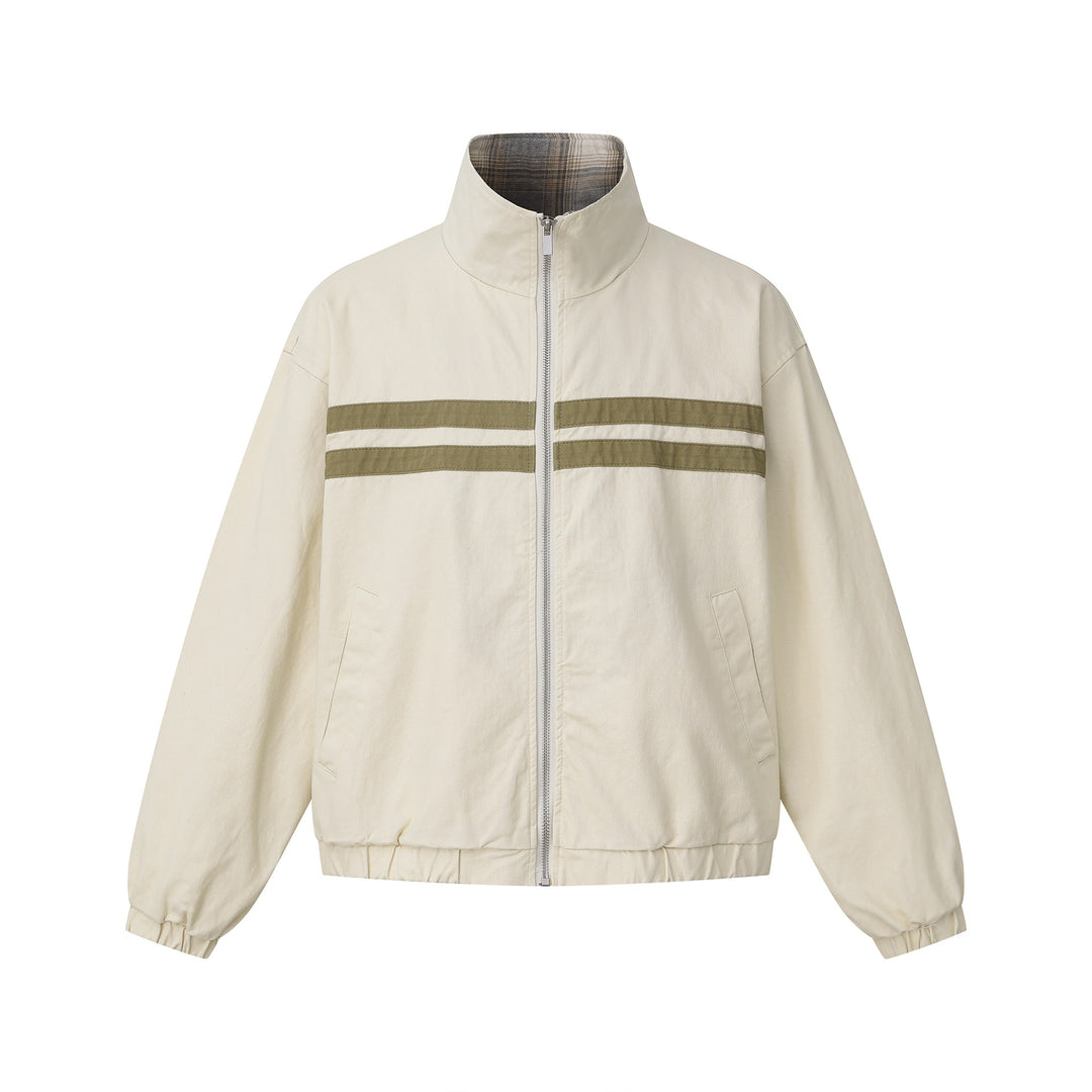 Unisex Short Cut Boxy Blouson Jacket with Stand-Up Collar and Horizontal Chest Piping Mune Fashion