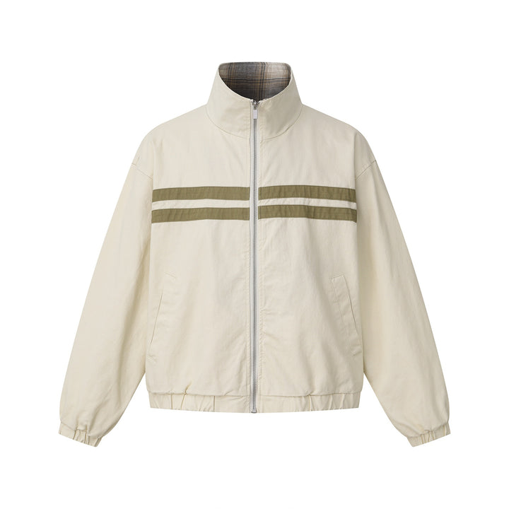 Unisex Short Cut Boxy Blouson Jacket with Stand-Up Collar and Horizontal Chest Piping Mune Fashion